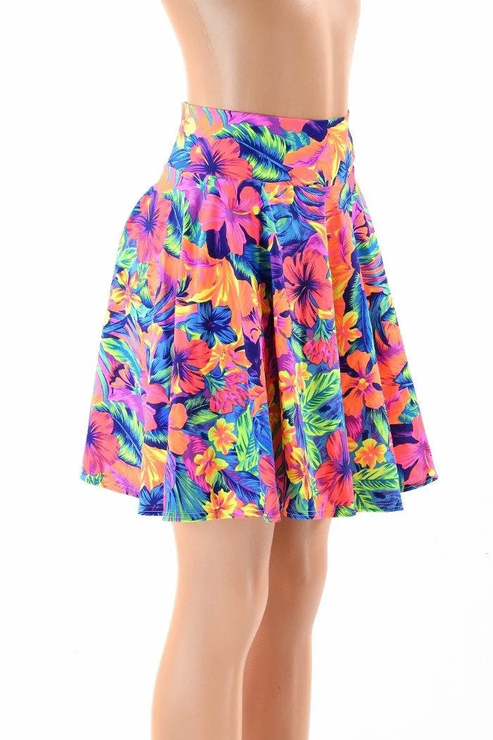 19" Neon Tahitian Floral Skater Skirt