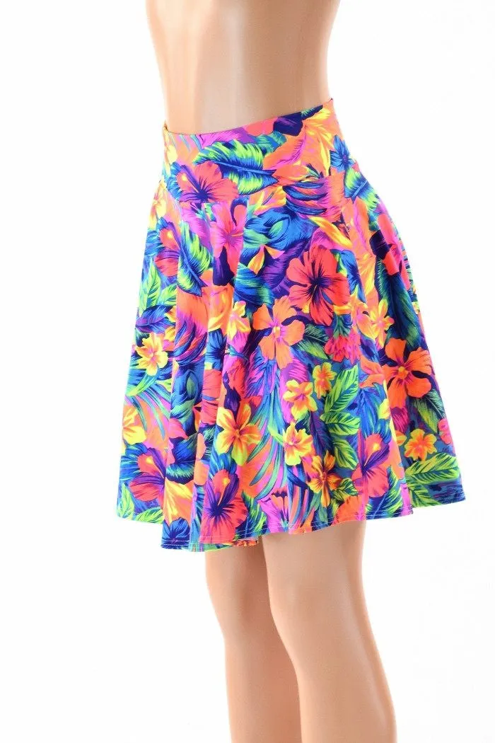 19" Neon Tahitian Floral Skater Skirt