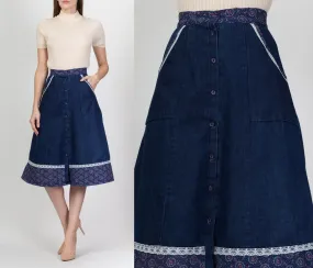 70s Boho Denim Floral Lace Trim Skirt - Extra Small, 24"