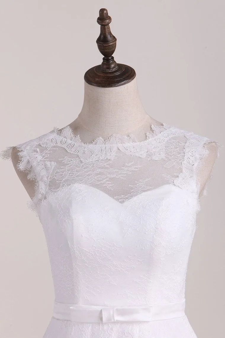 A Line Wedding Dresses Scoop Lace With Sash Tea-Length