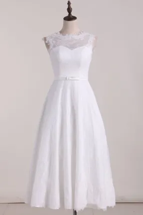 A Line Wedding Dresses Scoop Lace With Sash Tea-Length