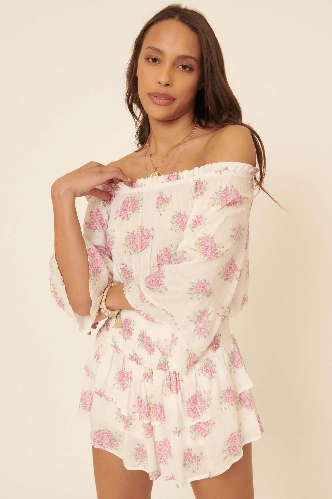 All My Love Ruffled Floral Off-Shoulder Romper