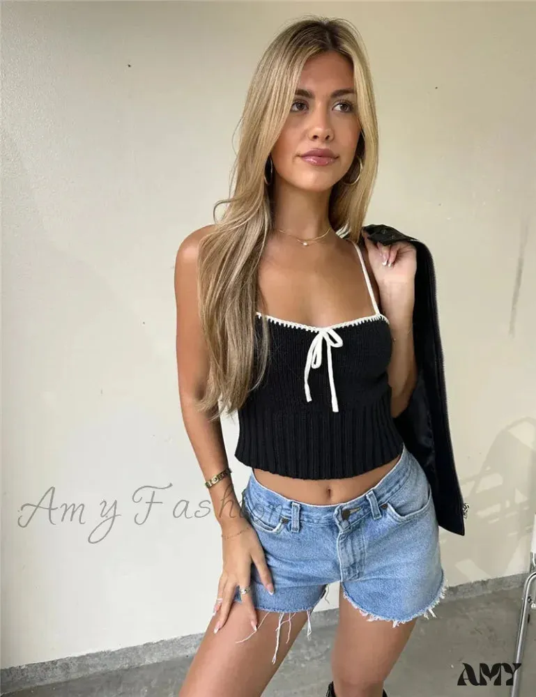 AMY - Sexy Y2K Spaghetti Strap Knitted Bow Patchwork Camis Crop Top