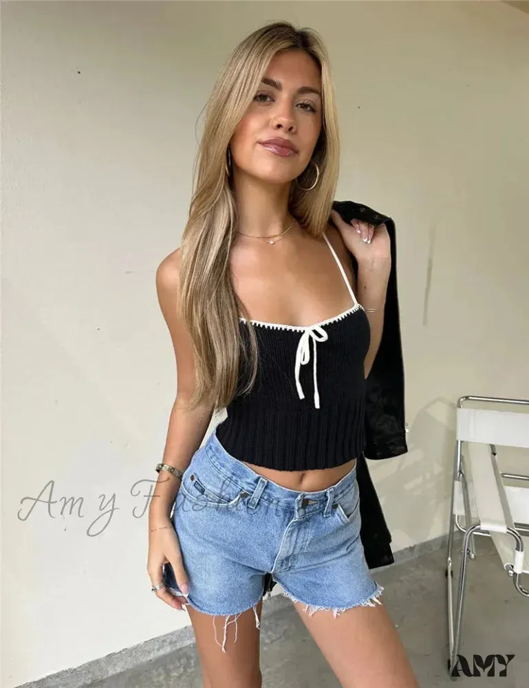 AMY - Sexy Y2K Spaghetti Strap Knitted Bow Patchwork Camis Crop Top