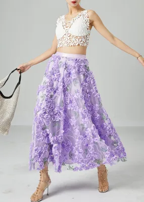 Beautiful Light Purple Embroideried Floral Tulle Skirts Summer LY2431