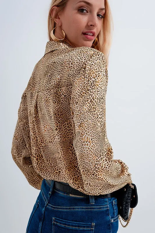 BEIGE SATIN ANIMAL PRINT Button Up