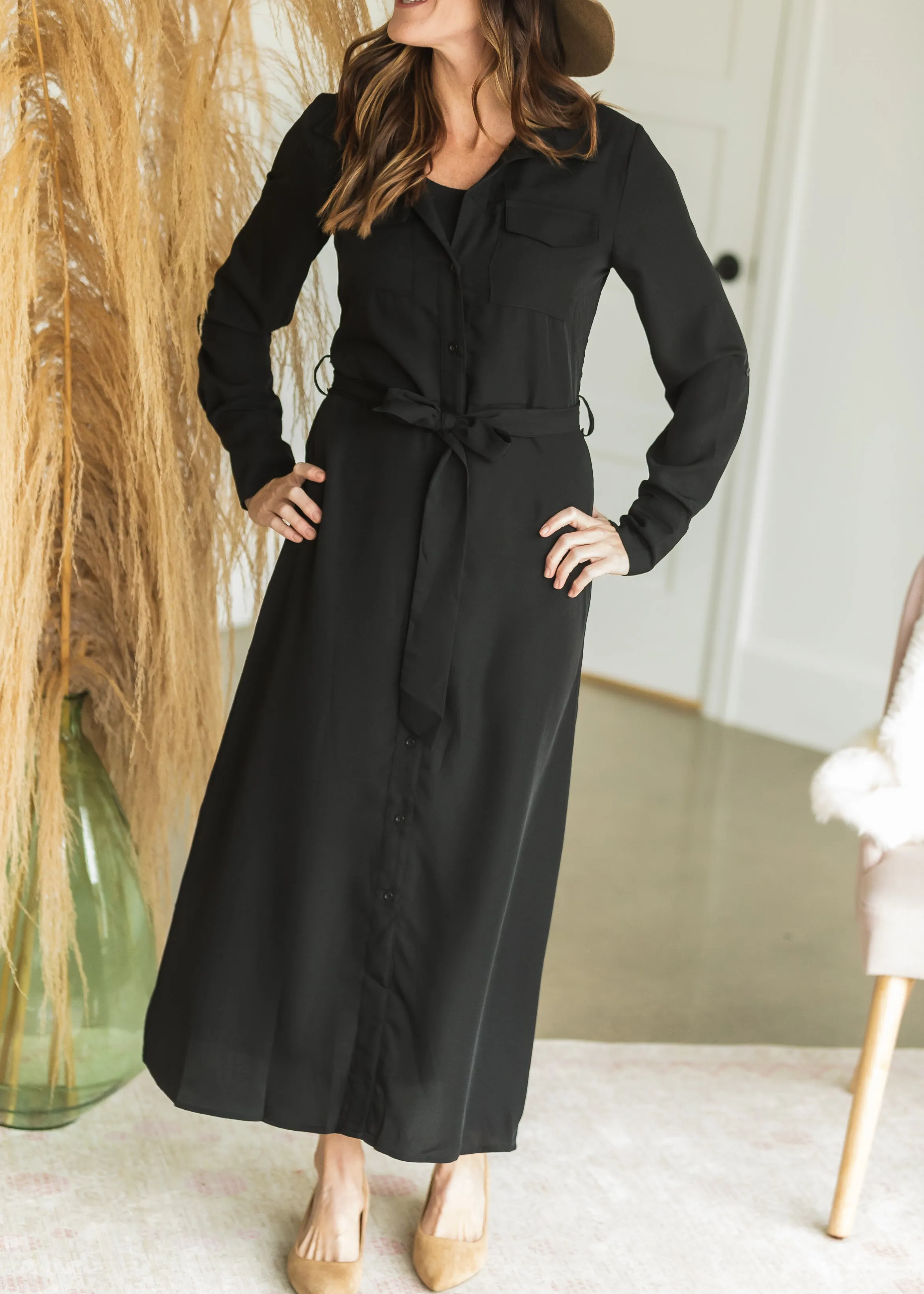 Black Button Up Belted Shirt Dress - FINAL SALE