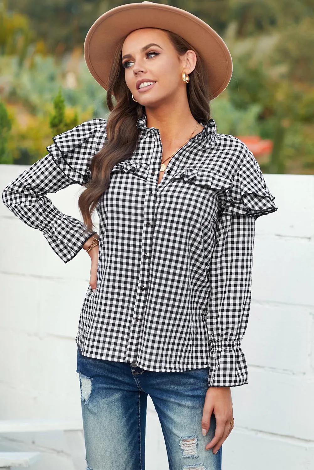 Black Plaid Button Ruffle Shirt