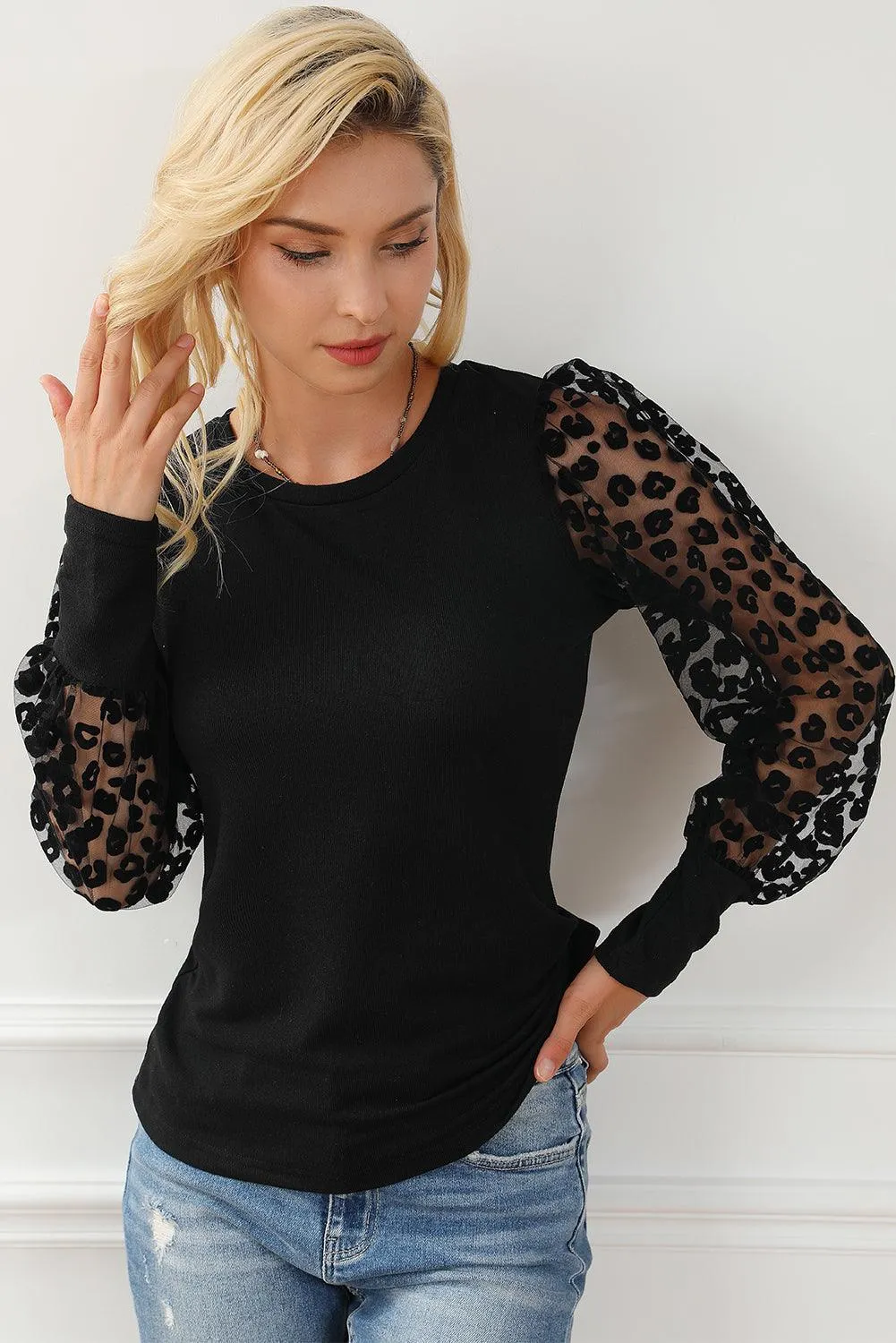 Black Puff Sleeve Leopard Mesh Slim Fit Top