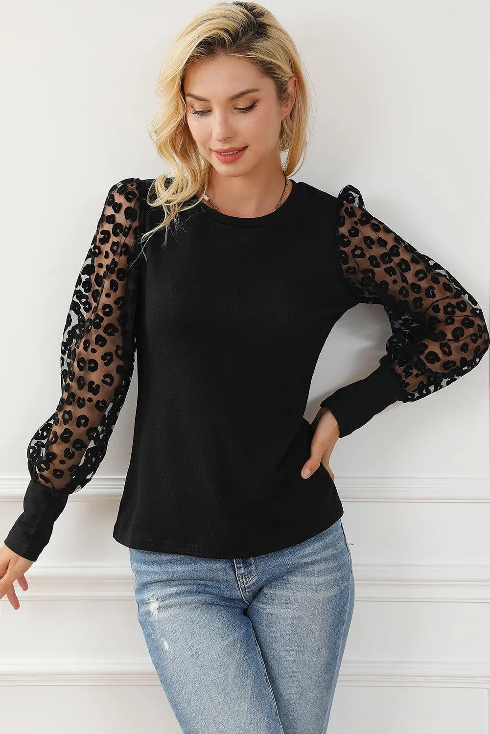 Black Puff Sleeve Leopard Mesh Slim Fit Top