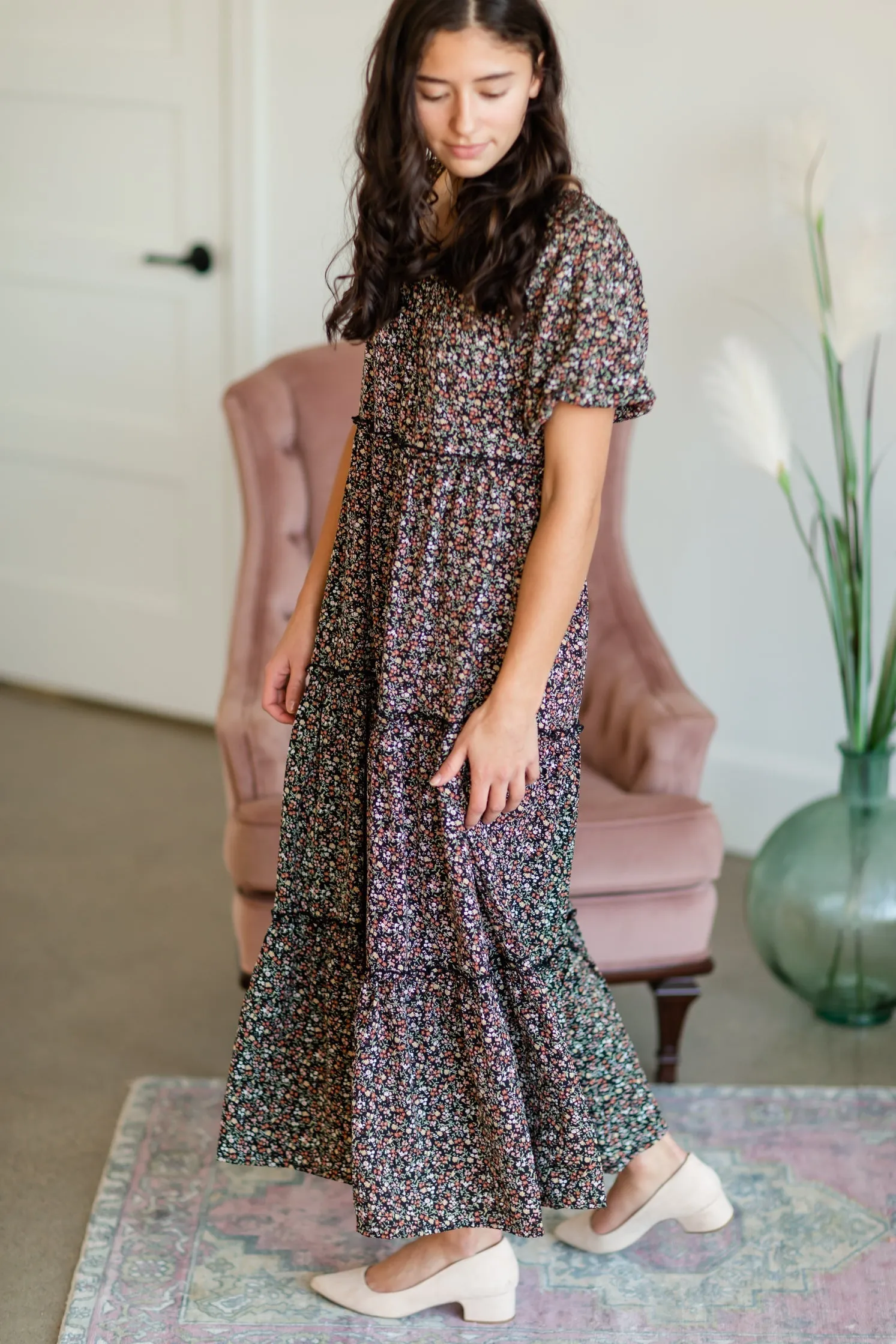 Black Puff Sleeve Tiny Floral Tiered Midi Dress - FINAL SALE