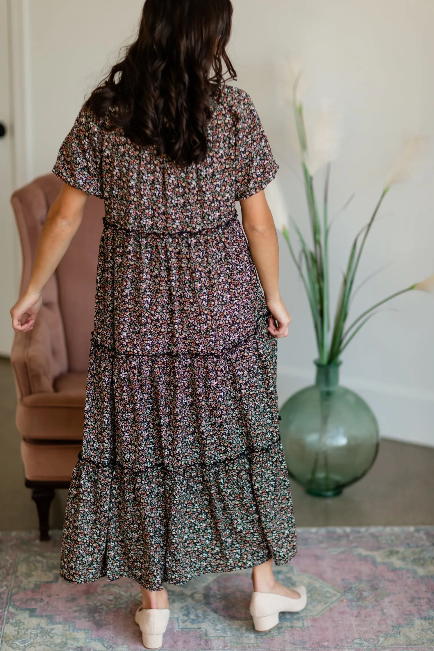 Black Puff Sleeve Tiny Floral Tiered Midi Dress - FINAL SALE