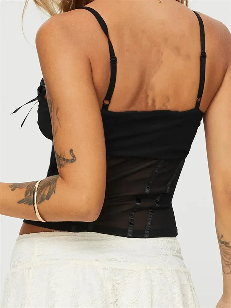 Black Sleeveless Mesh Bow Patchwork Streetwear Cami Top