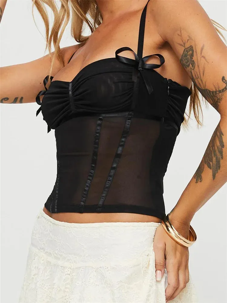 Black Sleeveless Mesh Bow Patchwork Streetwear Cami Top