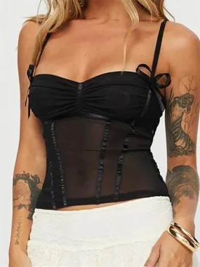 Black Sleeveless Mesh Bow Patchwork Streetwear Cami Top