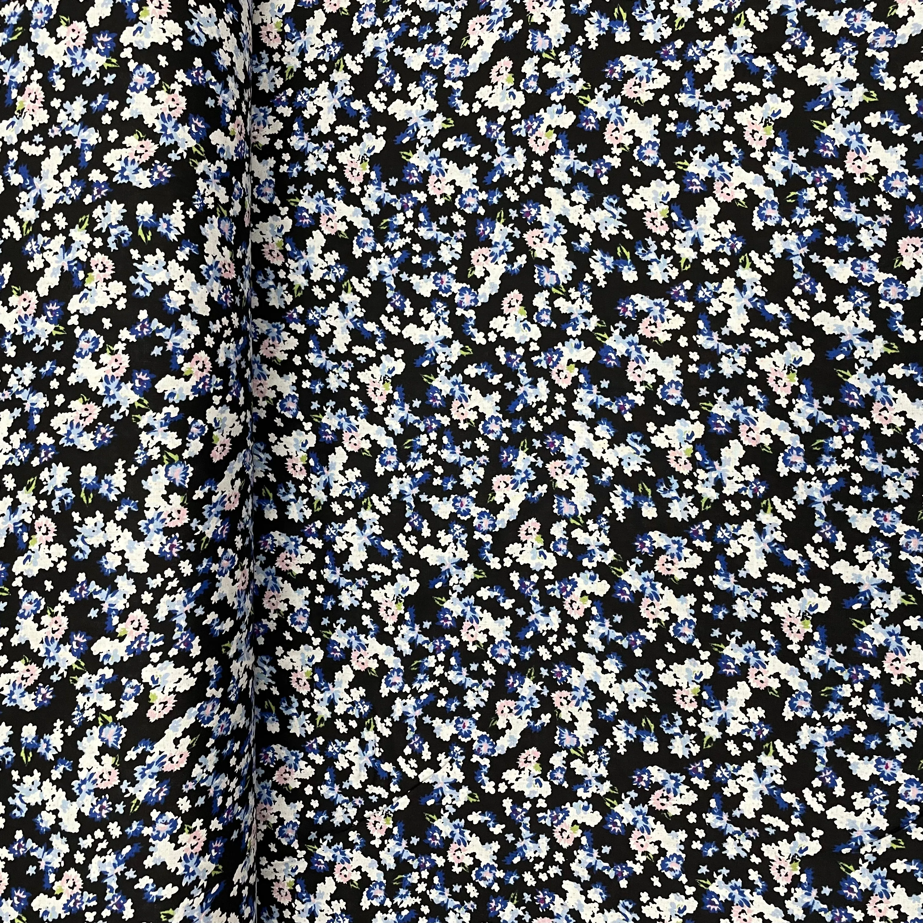 Black With Blue Floral Print Rayon Fabric