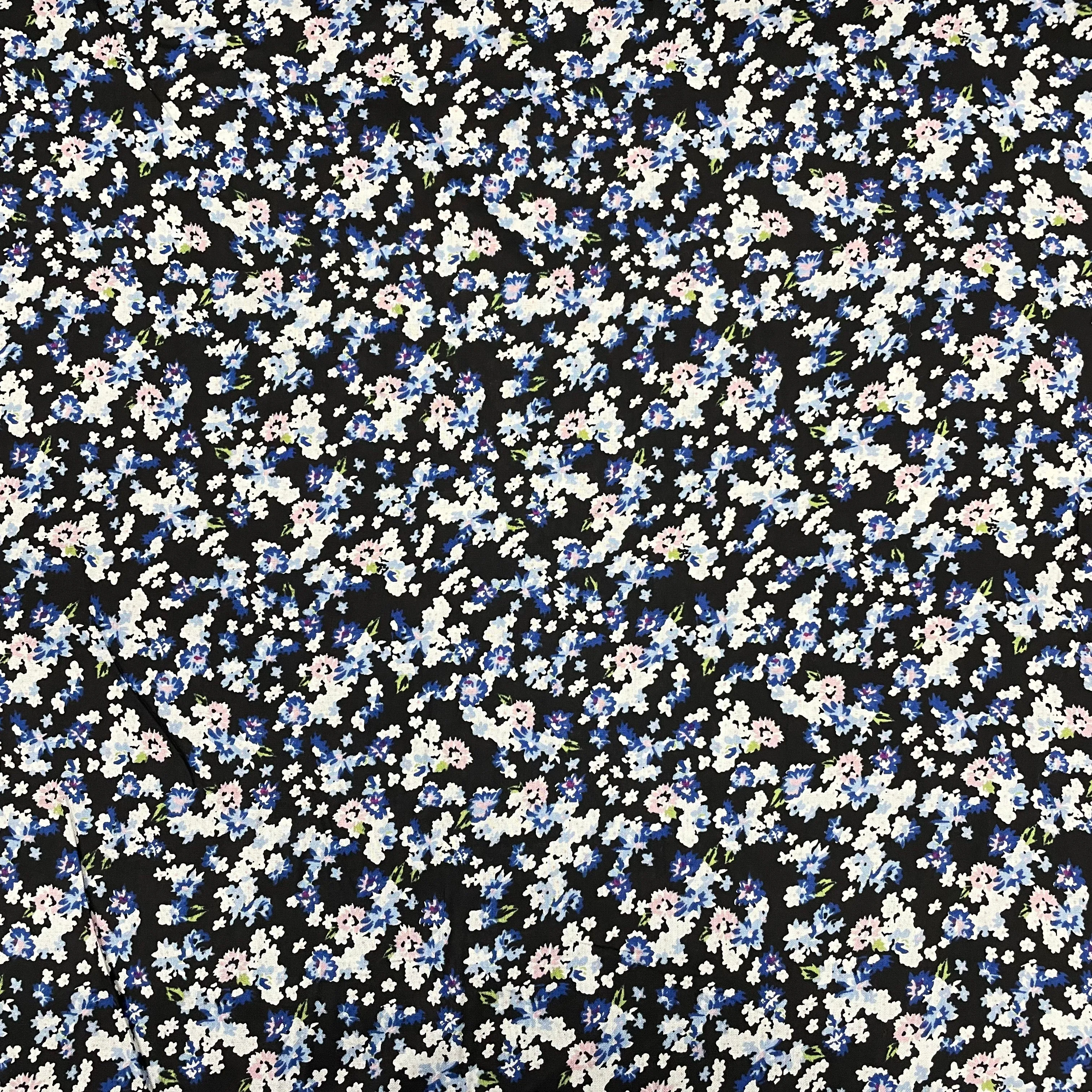 Black With Blue Floral Print Rayon Fabric