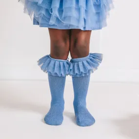 Blue Dew Tulle Ruffle Knee High Socks