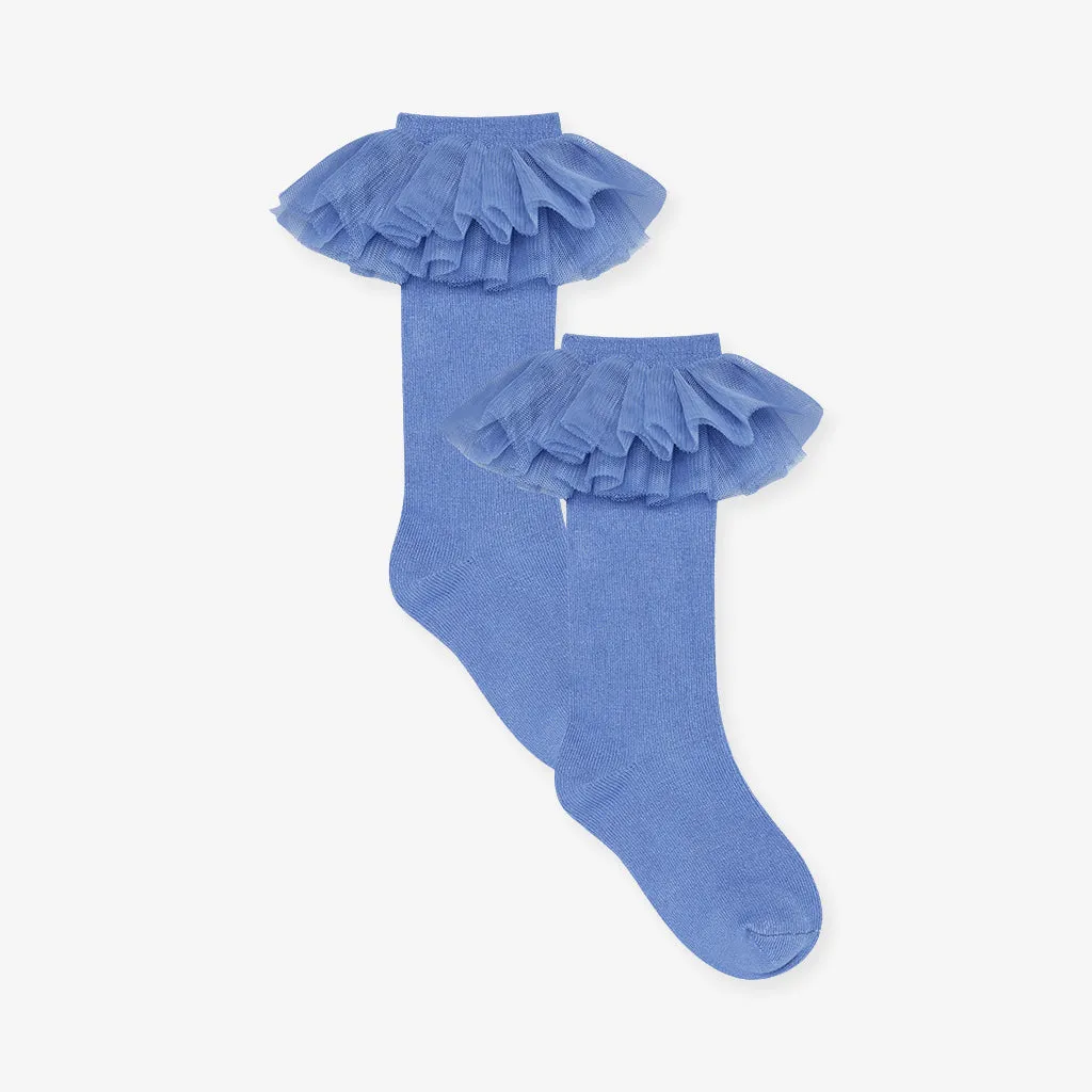 Blue Dew Tulle Ruffle Knee High Socks