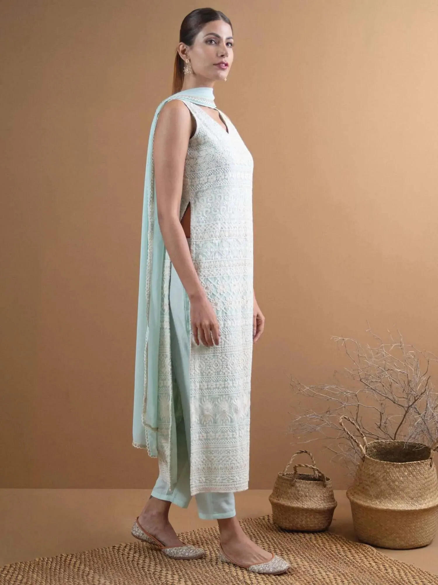 Blue Embroidered Georgette Straight Kurta With Dupatta