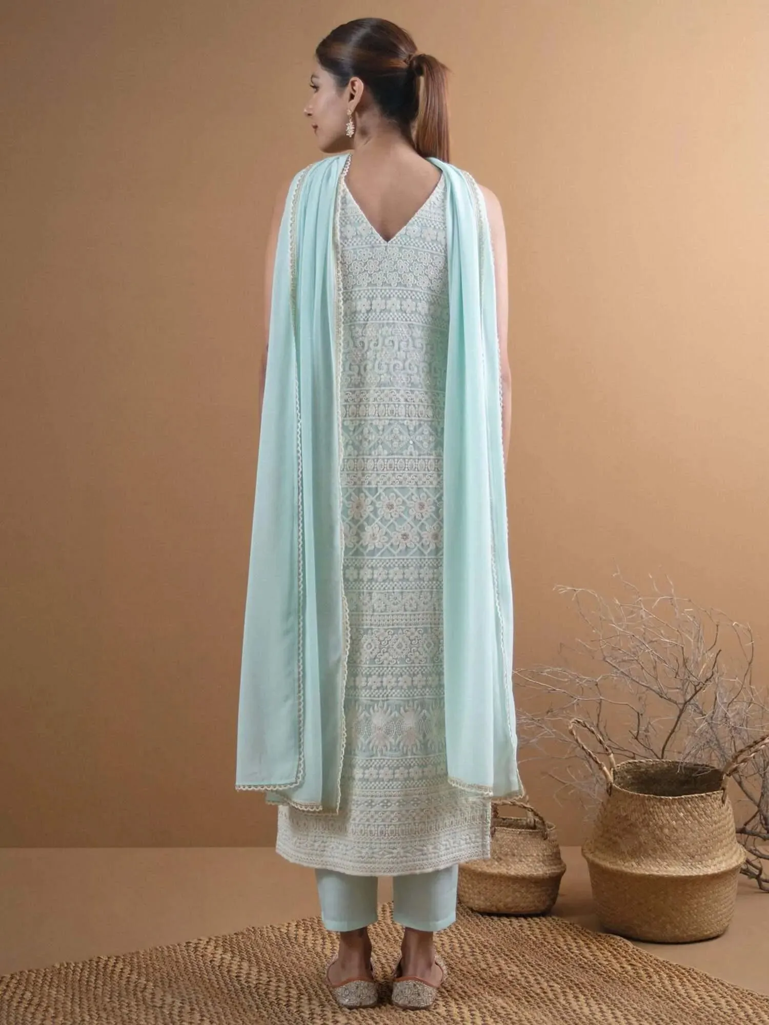 Blue Embroidered Georgette Straight Kurta With Dupatta