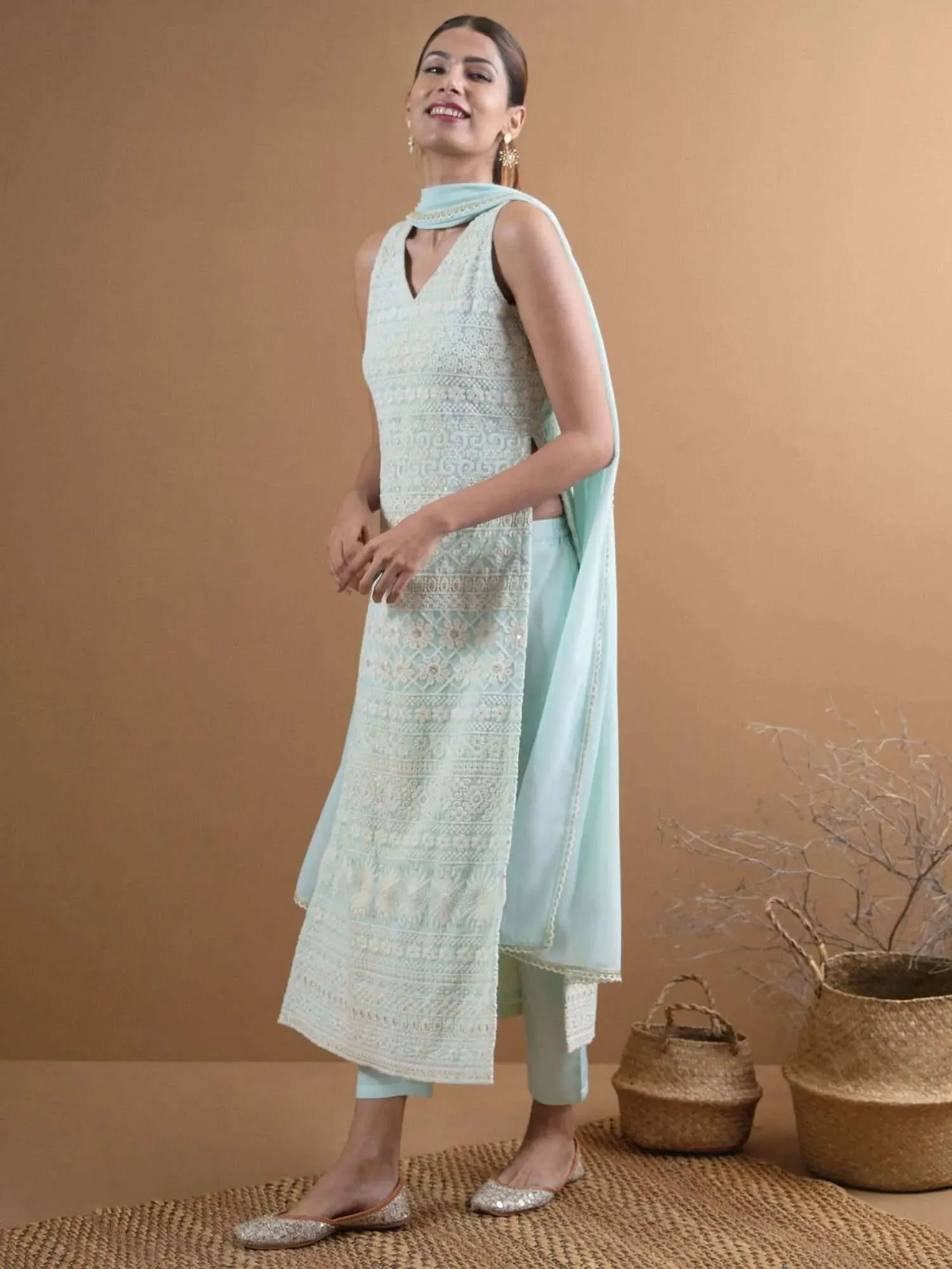 Blue Embroidered Georgette Straight Kurta With Dupatta