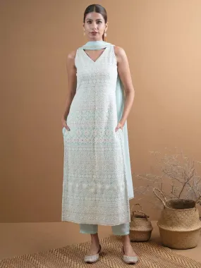 Blue Embroidered Georgette Straight Kurta With Dupatta