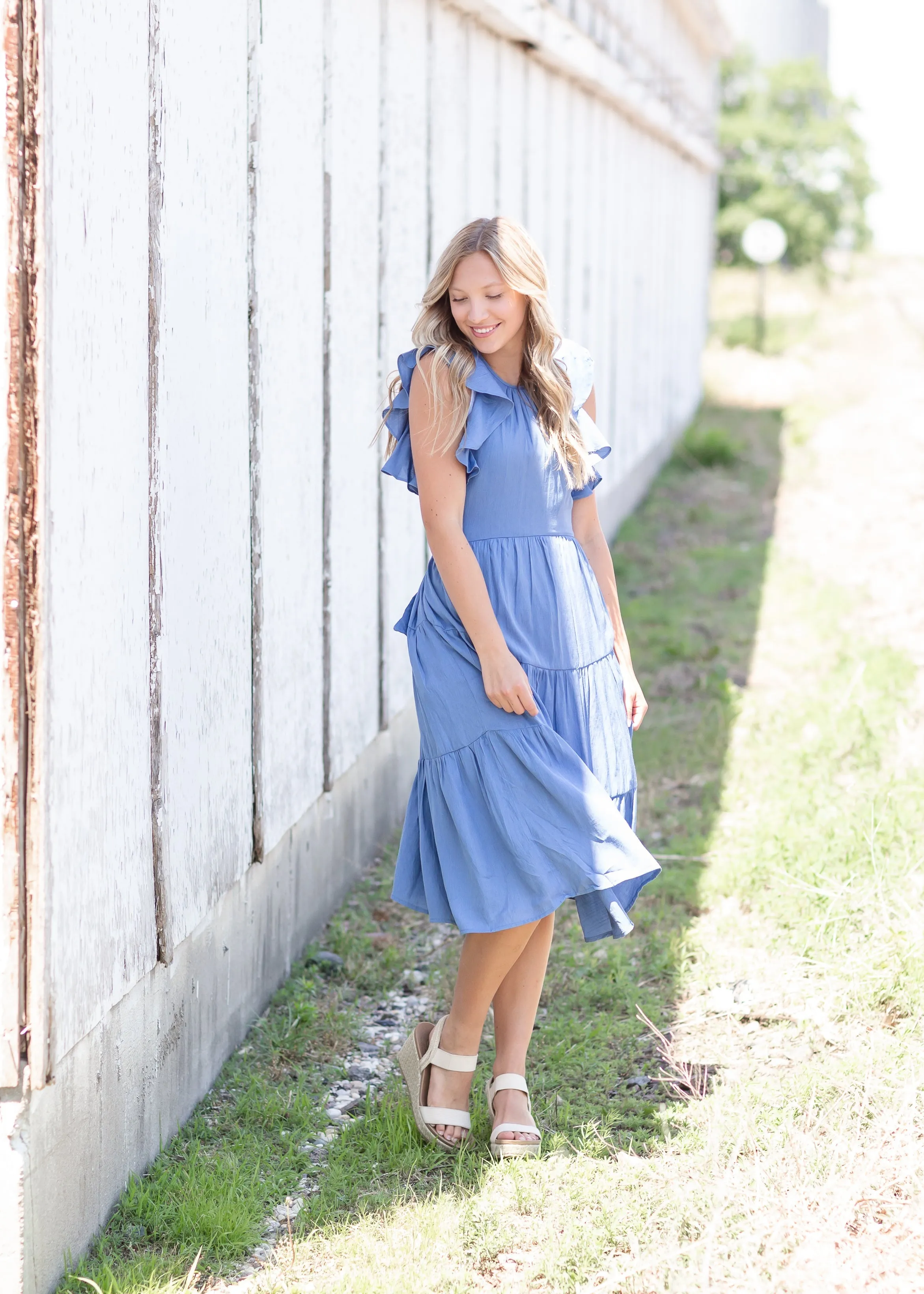 Blue Ruffle Sleeve Midi Dress