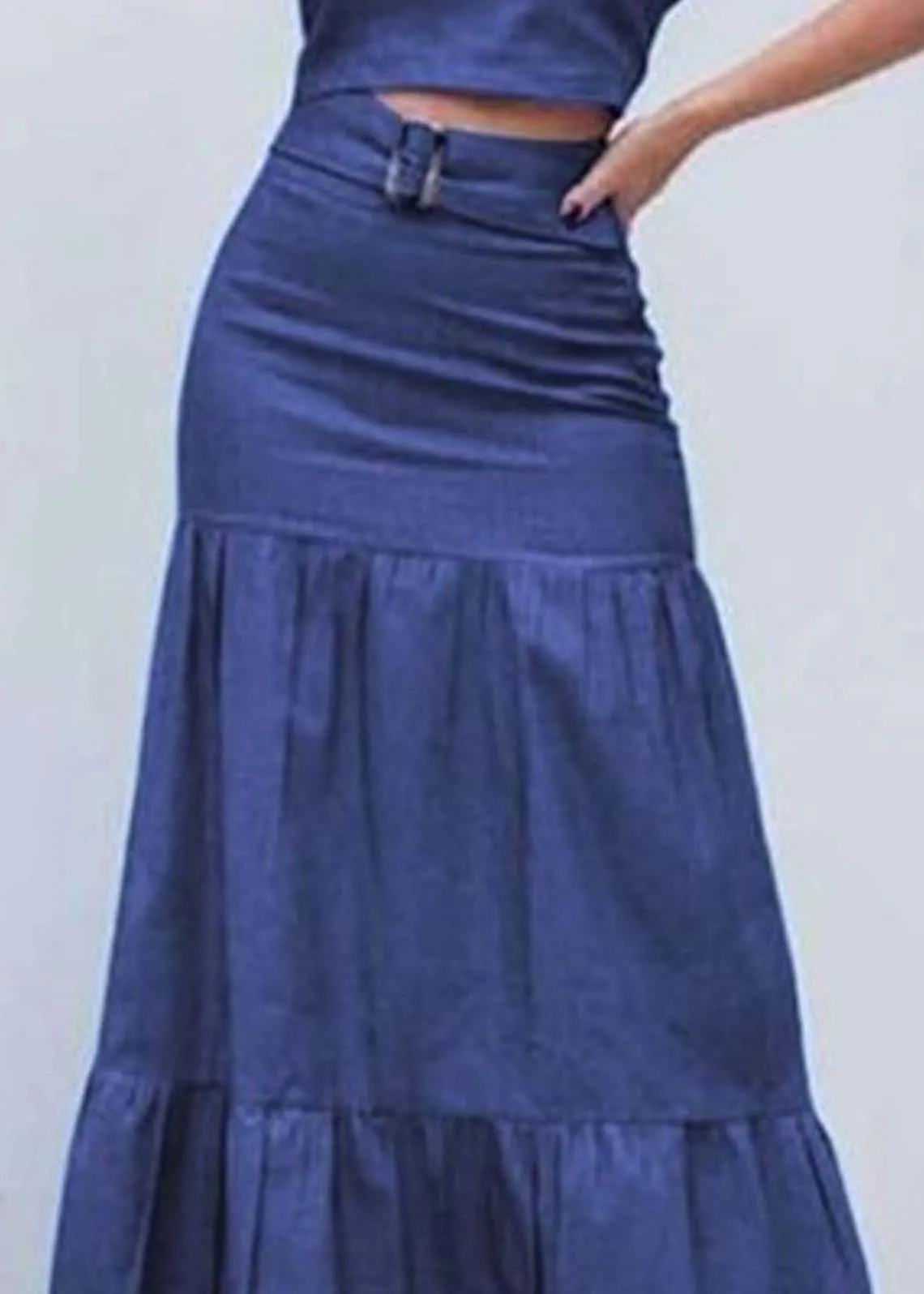 Boutique Blue High Waist Patchwork Wrinkled Denim Skirt