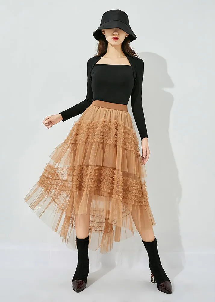 Casual Yellow Low High Design Patchwork Wrinkled Tulle Skirts Summer LY0851