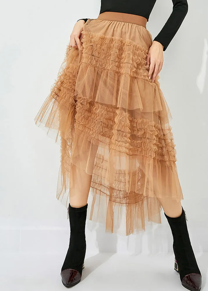 Casual Yellow Low High Design Patchwork Wrinkled Tulle Skirts Summer LY0851