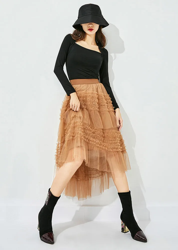 Casual Yellow Low High Design Patchwork Wrinkled Tulle Skirts Summer LY0851