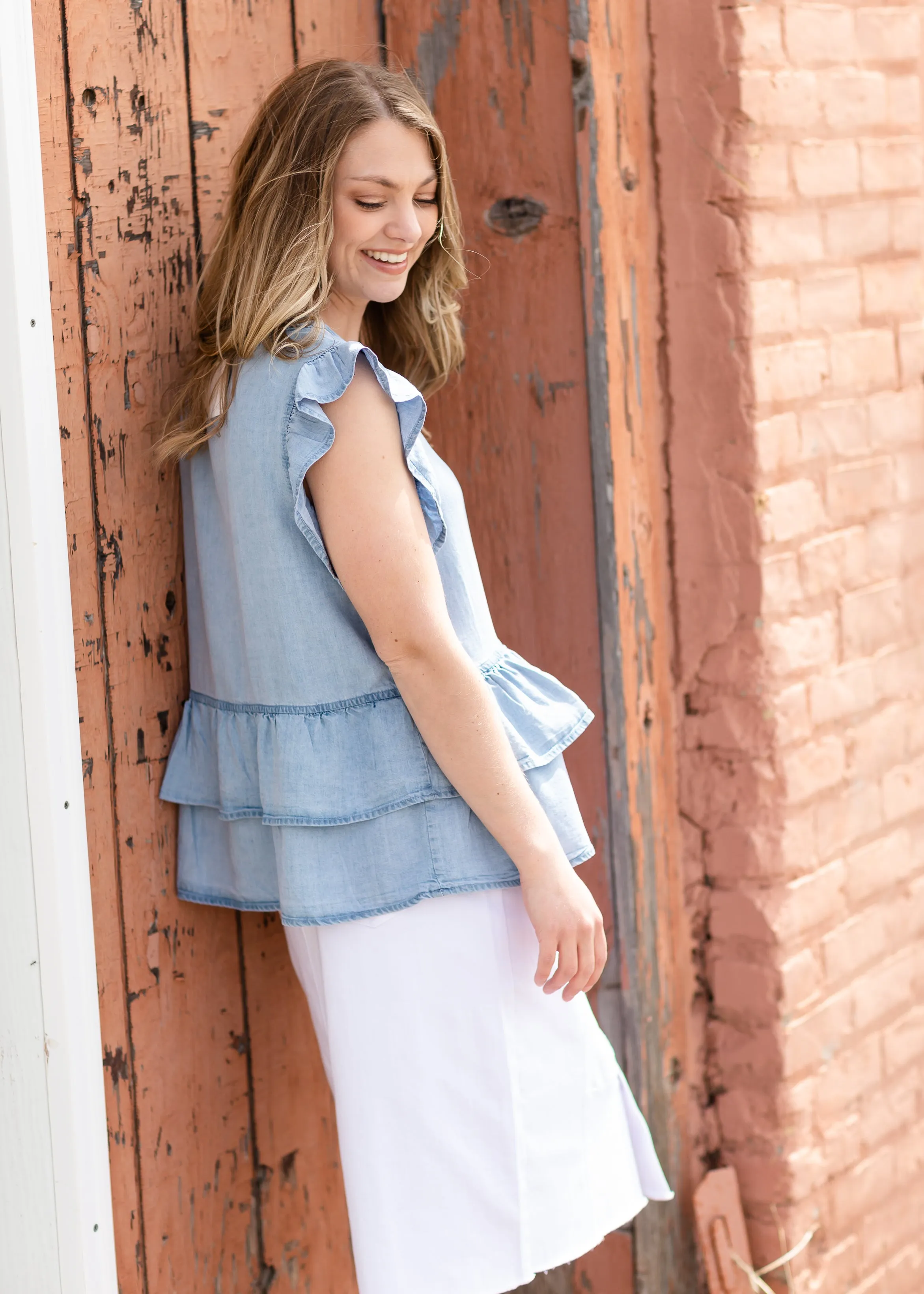 Chambray Button Ruffle Sleeve Blouse - FINAL SALE