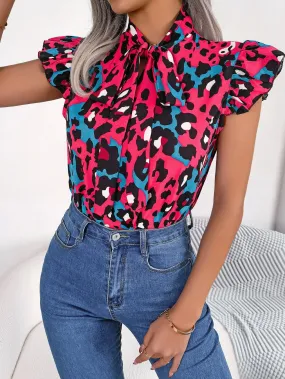 Chiffon Print neck Casual Ruffles Lace Tie Summer V Leopard Bow Fashion Up Blouse