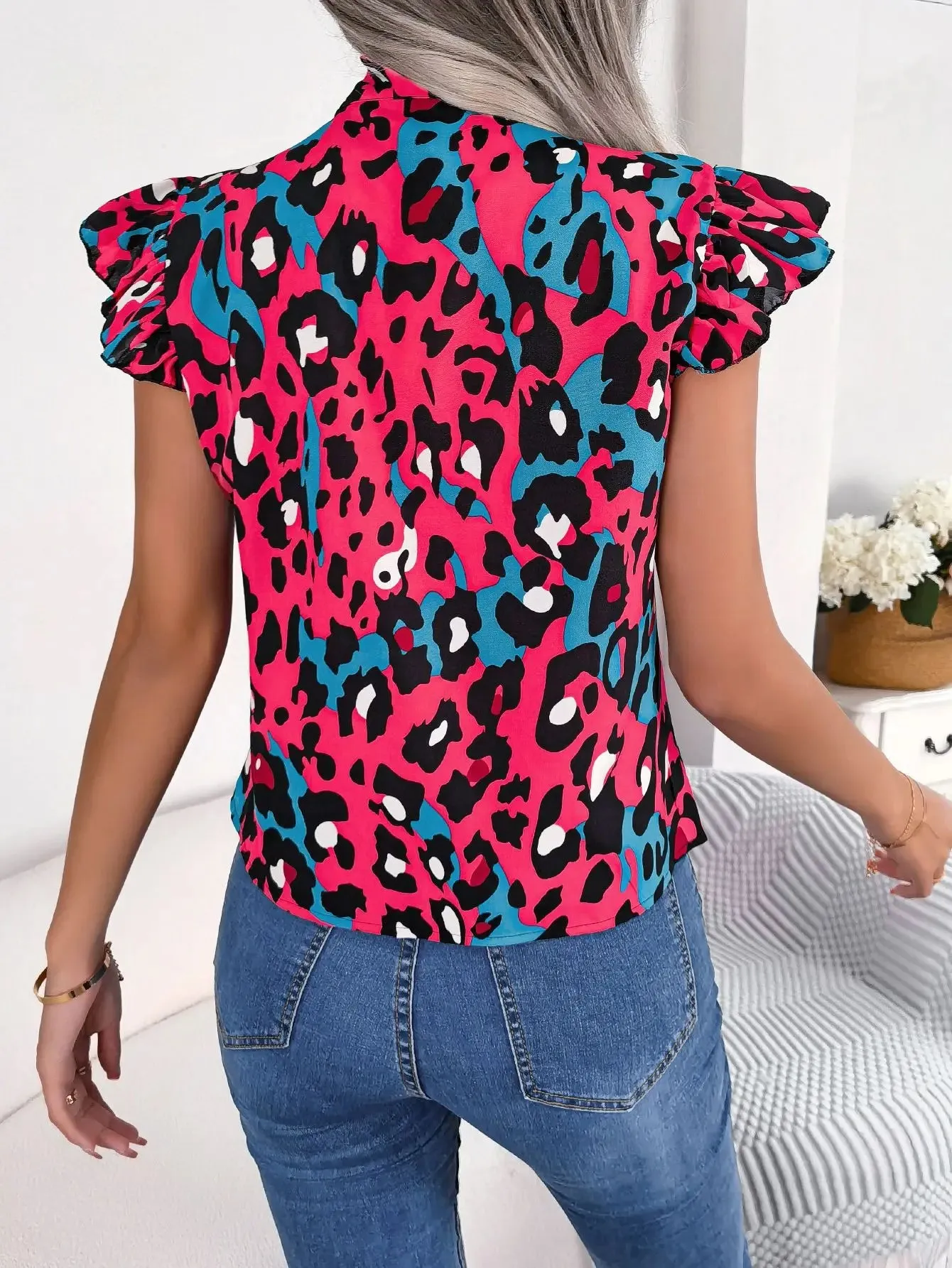 Chiffon Print neck Casual Ruffles Lace Tie Summer V Leopard Bow Fashion Up Blouse