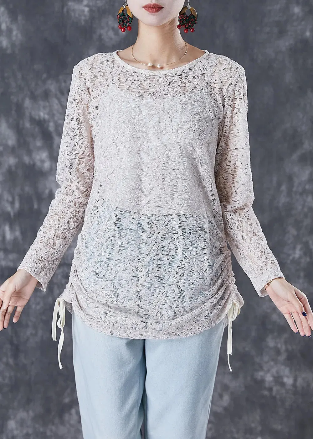 Classy Beige Cinched Hollow Out Back Button Down Lace Blouses Fall ML2968