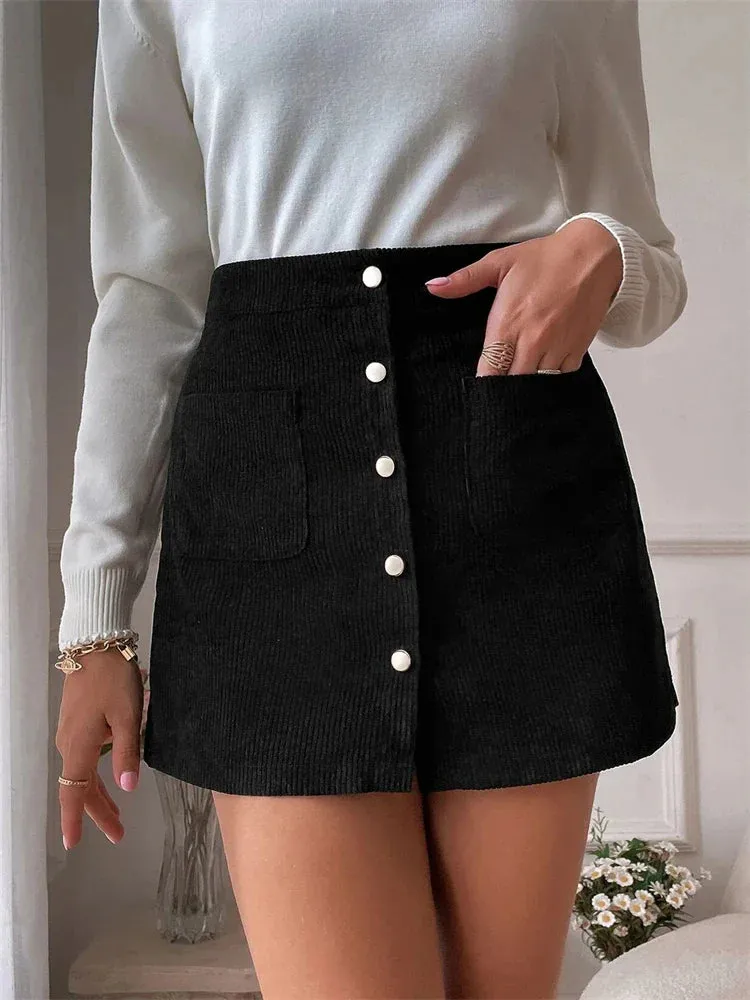 Corduroy Button Flare Skater Short Skirt