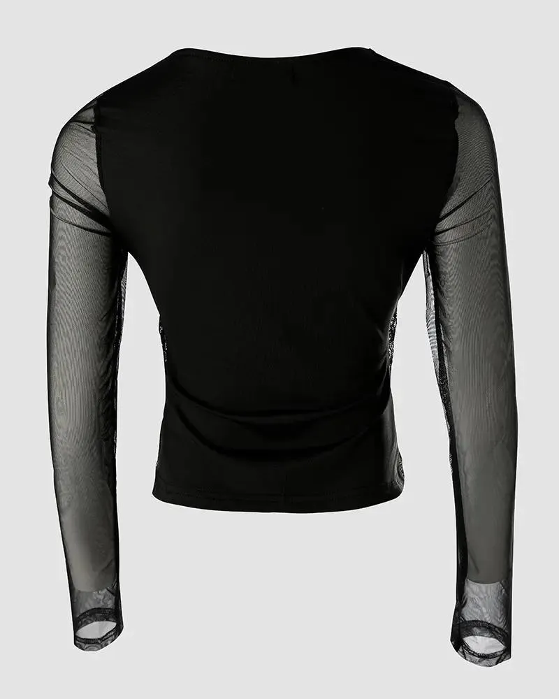 Deanwangkt - Contrast Lace Sheer Mesh Long Sleeve Top