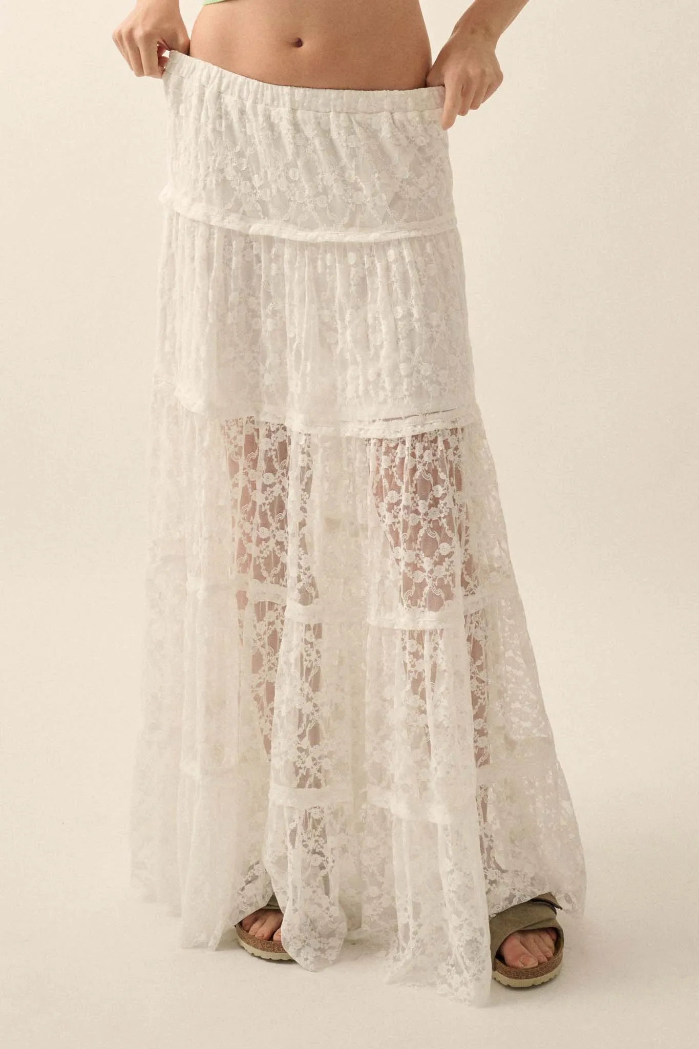 Delicate Dreams Floral Lace Tiered Maxi Skirt