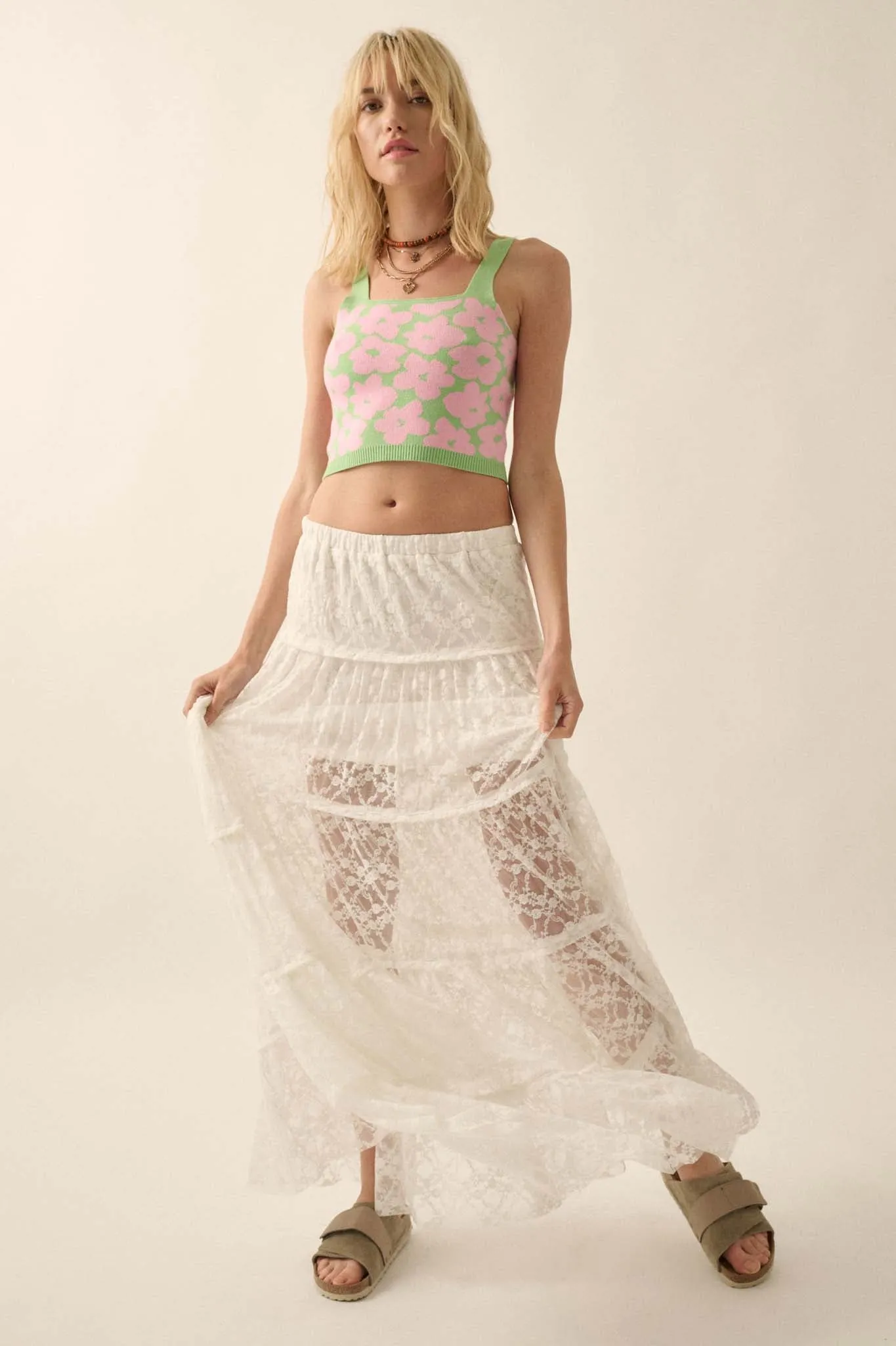 Delicate Dreams Floral Lace Tiered Maxi Skirt