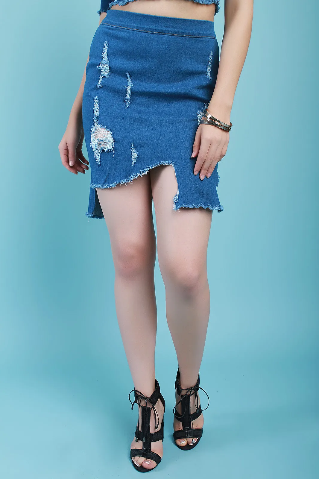 Distressed Denim High Waist Asymmetrical Midi Skirt