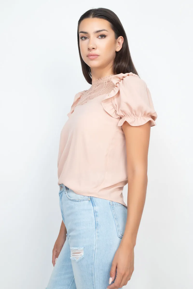 Dot Mesh Ruffled Sleeve Blouse