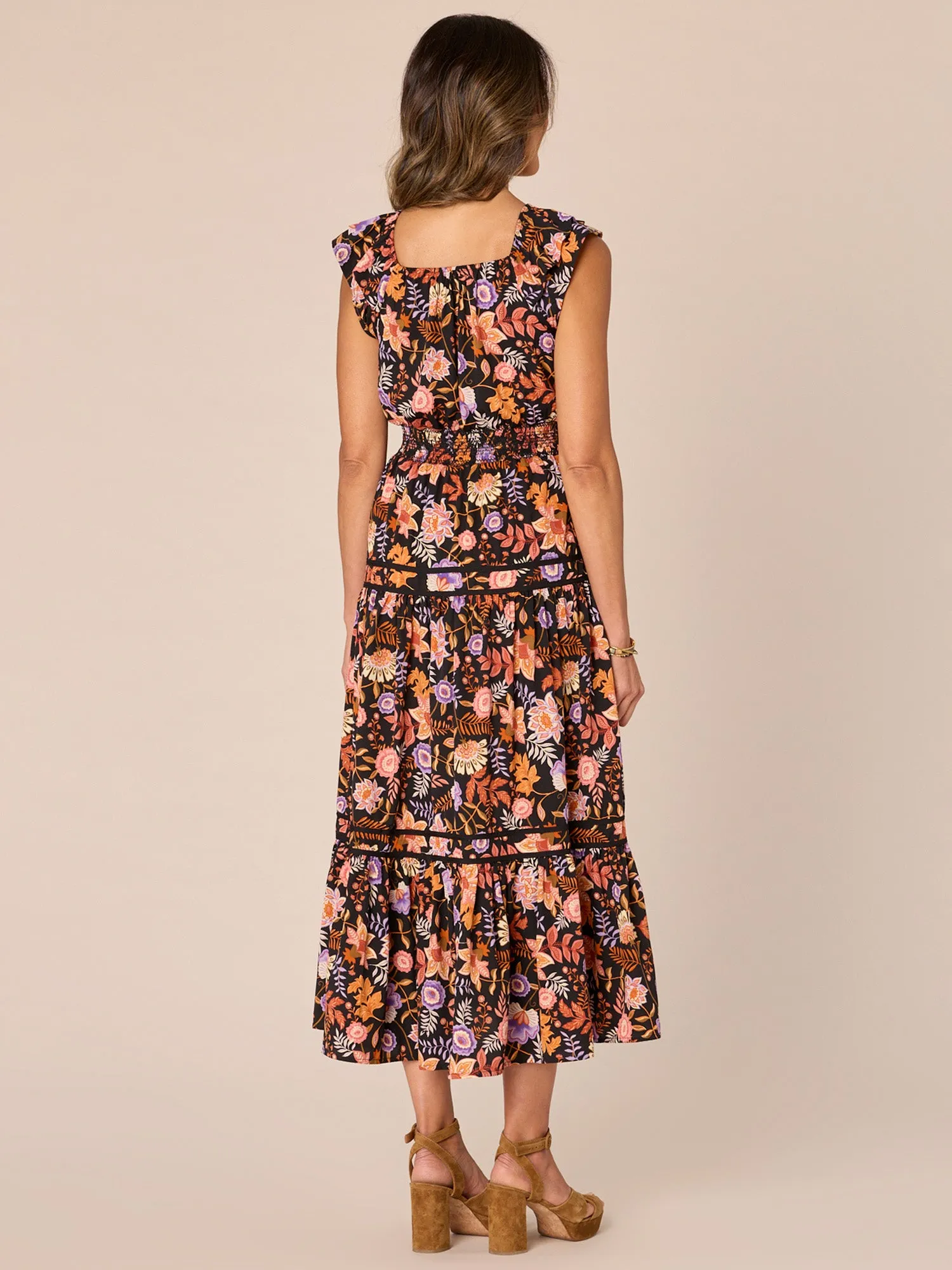 Double Ruffle Sleeve Square Neck Printed Tiered Petite Woven Dress