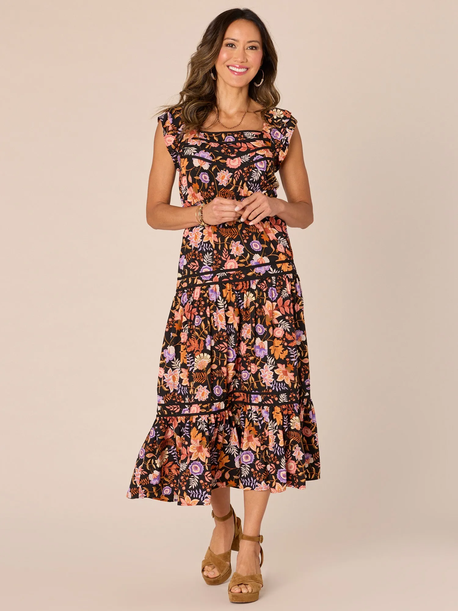 Double Ruffle Sleeve Square Neck Printed Tiered Petite Woven Dress