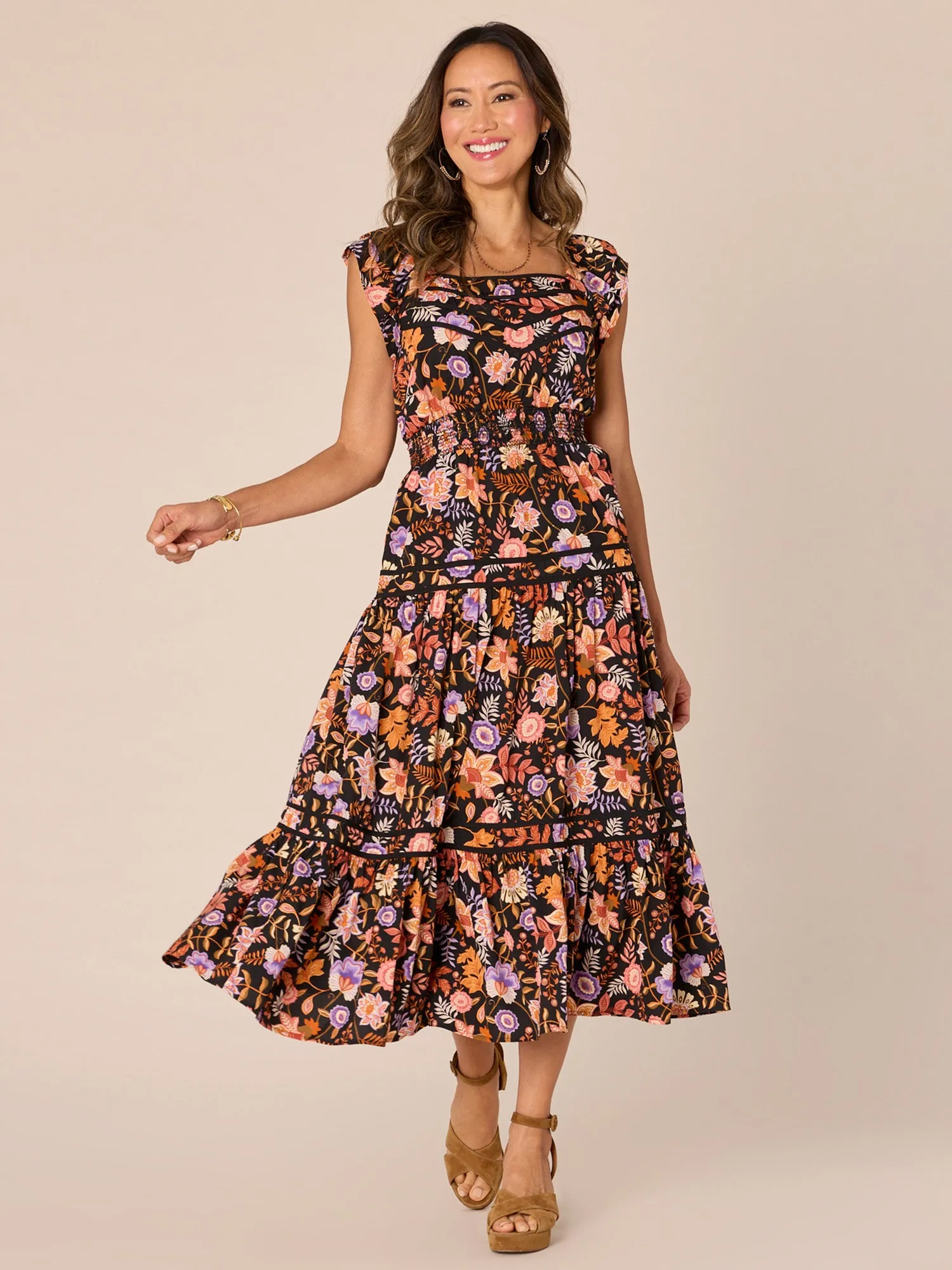 Double Ruffle Sleeve Square Neck Printed Tiered Petite Woven Dress