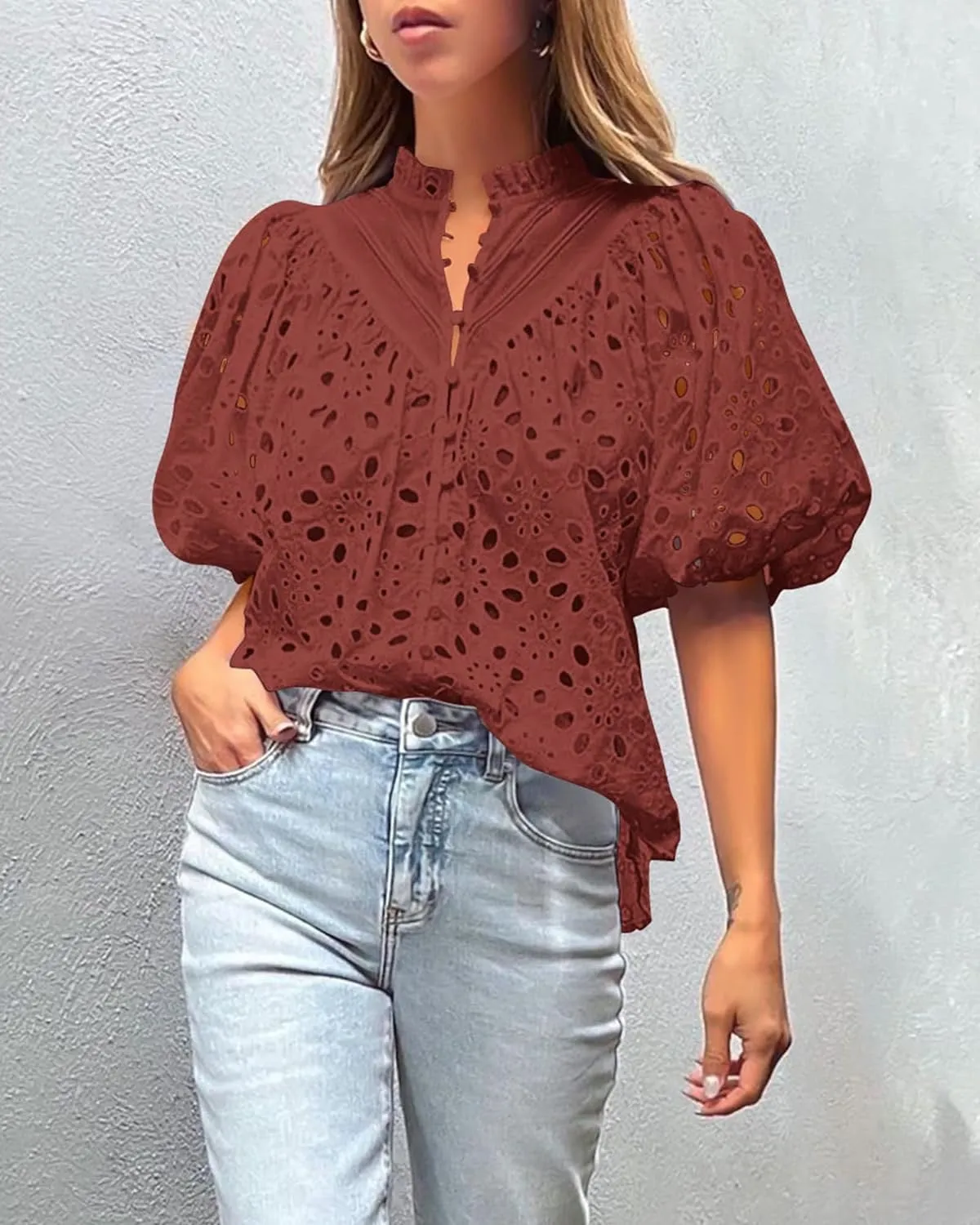 Embroidery Hollow Cutout Lantern Sleeve Shirt