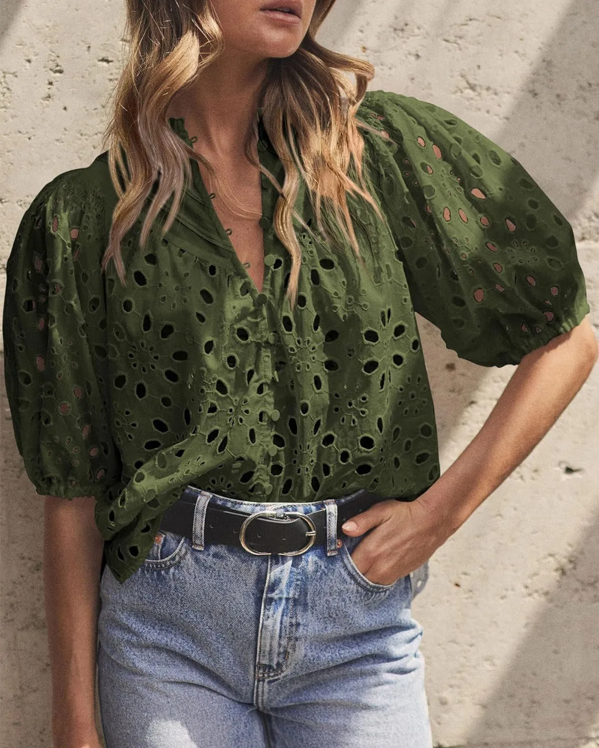 Embroidery Hollow Cutout Lantern Sleeve Shirt