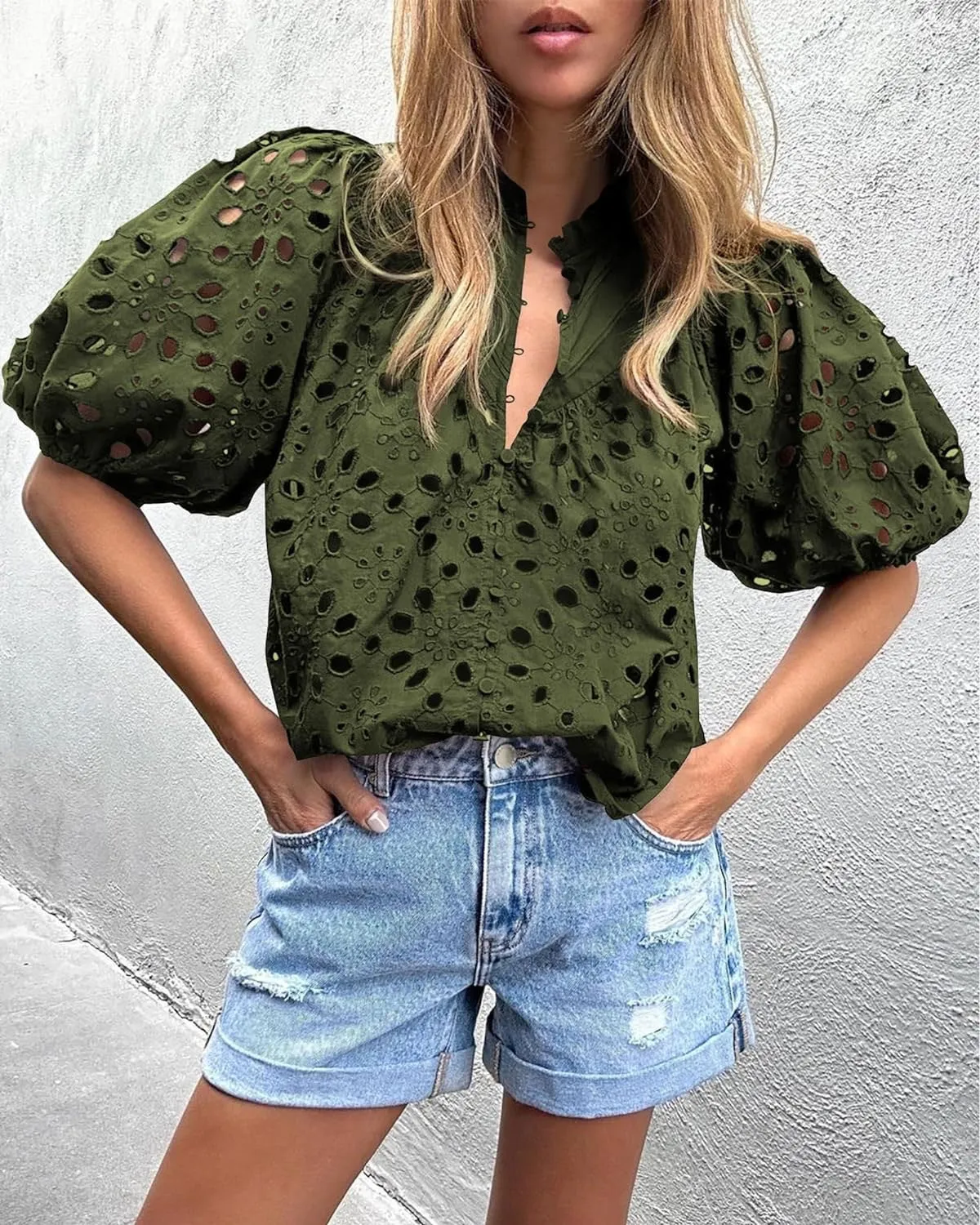 Embroidery Hollow Cutout Lantern Sleeve Shirt