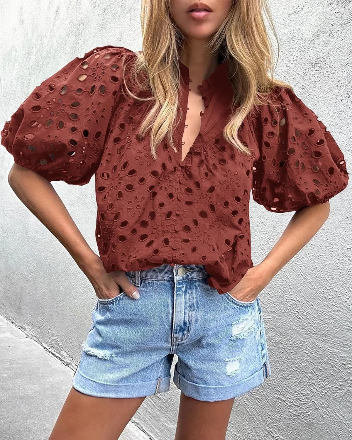 Embroidery Hollow Cutout Lantern Sleeve Shirt