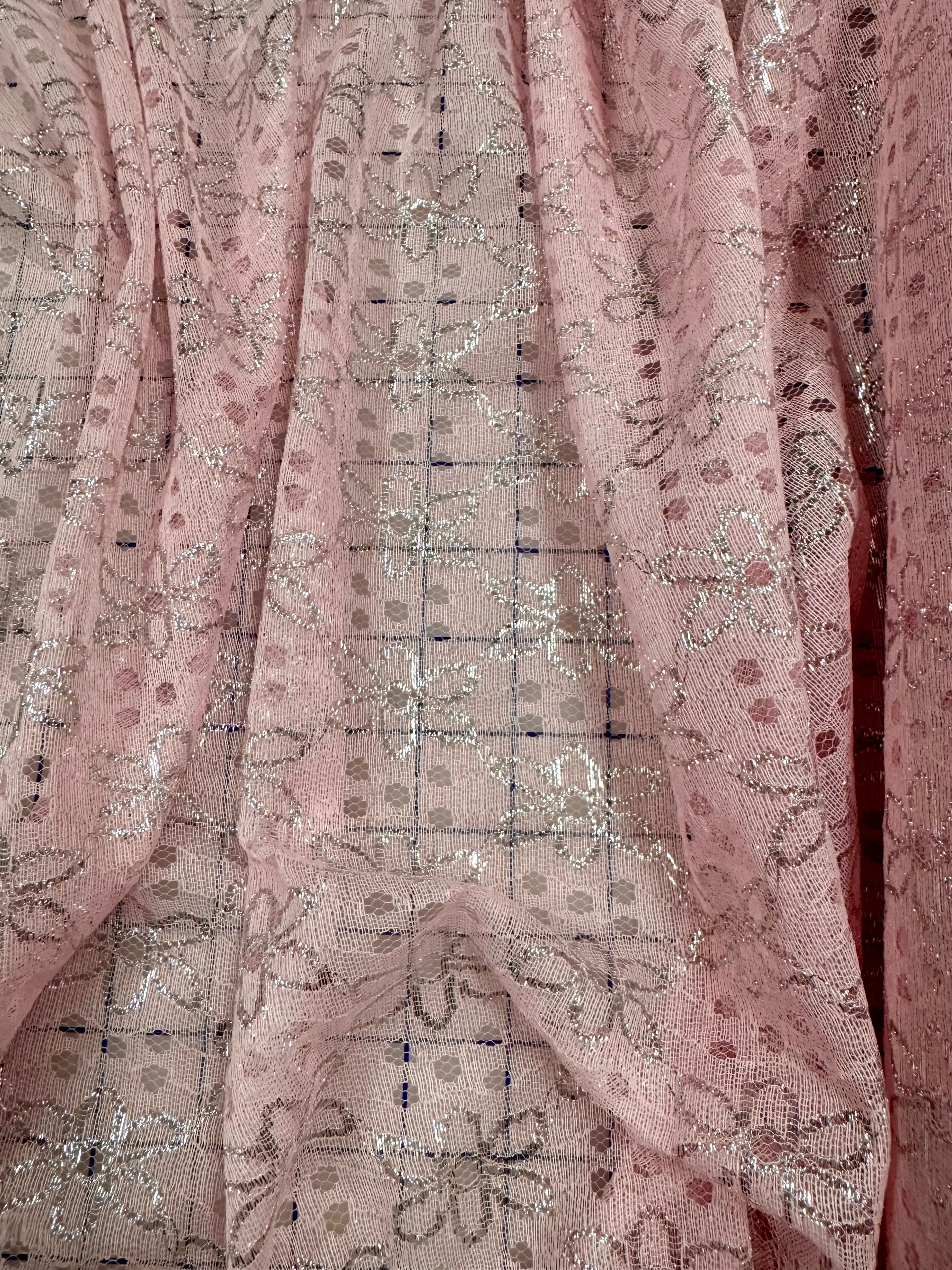 Fancy Lace - 48-inches Wide Pink with Silver Flower Design Eyelet